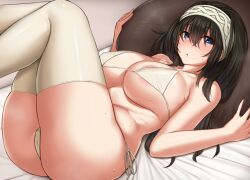 Rule 34 | 1girl, :o, areola slip, armpit crease, ass, bed sheet, belly, bikini, blue eyes, blush, breasts, brown hair, cameltoe, collarbone, commentary request, curvy, hair over eyes, hairband, huge breasts, idolmaster, idolmaster cinderella girls, indoors, knees up, long hair, looking at viewer, lying, on back, pillow, pillow grab, plump, raised eyebrows, revision, sagisawa fumika, side-tie bikini bottom, solo, sweat, swimsuit, thighhighs, thighs, tomajiyama, white bikini, white hairband, white thighhighs
