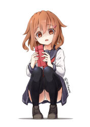 Rule 34 | 1girl, anchor symbol, blush, box, brown eyes, brown hair, chocolate, fang, gift, gift box, hair ornament, hairclip, happy valentine, highres, holding, holding gift, ikazuchi (kancolle), kantai collection, long sleeves, neckerchief, open mouth, panties, pleated skirt, red neckerchief, school uniform, serafuku, shaded face, short hair, skirt, smile, squatting, tetsuryuu, thighhighs, twitter username, underwear, valentine, white background, white panties