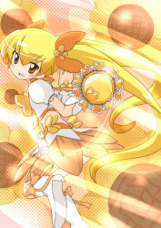 Rule 34 | 10s, 1girl, blonde hair, blush, boots, bow, cure sunshine, flower, hair ribbon, heartcatch precure!, instrument, long hair, magical girl, midriff, myoudouin itsuki, no nose, orange bow, orange skirt, precure, ribbon, skirt, solo, soutsuki naru, sunflower, tambourine, twintails, yellow background, yellow bow, yellow eyes, yellow theme