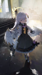 Rule 34 | 1girl, absurdres, angel wings, azusa (blue archive), black dress, black socks, blue archive, closed mouth, dress, feathered wings, feathers, flower, full body, gun, hair between eyes, hair flower, hair ornament, halo, highres, holding, holding gun, holding weapon, hpyer, long hair, long sleeves, purple eyes, purple flower, shoes, socks, solo, standing, weapon, white footwear, white hair, white wings, wings, yellow halo