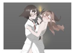 Rule 34 | 1boy, 1girl, artist request, brown hair, closed eyes, closed mouth, dancing, dress, ear piercing, glasses, holding hands, horns, long hair, nainainainainaiya, necktie, original, piercing, pointy ears, red necktie, sketch, smile, tagme, white dress