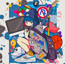 Rule 34 | 1girl, backpack, badge, bag, ball, baseball bat, baseball cap, basketball (object), beanie, black eyes, blue background, blue hair, blush, border, button badge, computer, dice, electric guitar, from side, full body, grey hat, grey shirt, guitar, hat, highres, holding strap, imac, instrument, jitome, looking at viewer, looking to the side, multicolored hair, nao97122, nike (company), original, outside border, paint splatter, patch, paw print, pink hair, revision, road sign, rubik&#039;s cube, shirt, shoes, sign, sleeves past elbows, sneakers, socks, solo, squatting, sticker, streaked hair, streetwear, triple vertical stripe, white border, white footwear, wide sleeves, yellow socks