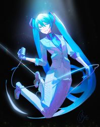 Rule 34 | 1girl, agyou sonokou l, aqua eyes, aqua hair, aqua necktie, black background, black gloves, black shirt, blue jacket, blue pants, commentary, dress pants, formal, full body, gloves, hair ornament, half-closed eyes, hatsune miku, highres, holding, holding microphone, jacket, legs up, long hair, microphone, microphone cord, midair, necktie, pants, piano print, shirt, sleeves rolled up, smile, smirk, solo, spotlight, suit, twintails, very long hair, vocaloid