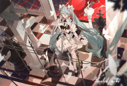 Rule 34 | 1girl, absurdres, aqua bow, aqua bowtie, aqua eyes, aqua hair, black footwear, blurry, bow, bowtie, bug, butterfly, character name, chess piece, closed mouth, commentary, depth of field, dress, from above, full body, gloves, hair between eyes, hair ribbon, hand up, hatsune miku, high heels, highres, indoors, insect, king (chess), knight (chess), krao, long bangs, long hair, looking at viewer, panties, pawn (chess), project sekai, puffy short sleeves, puffy sleeves, queen (chess), ribbon, short sleeves, solo, standing, twintails, underwear, very long hair, vocaloid, white butterfly, white dress, white gloves, white panties, white ribbon