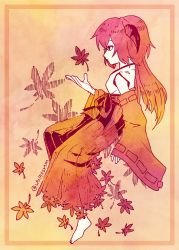 Rule 34 | 1girl, autumn leaves, bare shoulders, barefoot, border, brown theme, closed mouth, commentary request, detached sleeves, from side, full body, hakama, hakama skirt, hand up, hanyuu, hatching (texture), highres, higurashi no naku koro ni, horns, japanese clothes, linear hatching, long sleeves, momotarekawa, monochrome, nontraditional miko, profile, ribbon-trimmed sleeves, ribbon trim, skirt, sleeves past wrists, solo, twitter username, wide sleeves