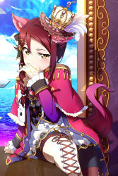 Rule 34 | 1girl, animal ears, boots, braid, capelet, cat ears, center frills, cross-laced footwear, day, frills, glint, hat feather, highres, lace-up boots, love live!, love live! school idol festival, love live! sunshine!!, picture frame, pink capelet, red hair, reflection, sakurauchi riko, shiimai, sitting, solo, thighhighs