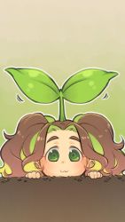 Rule 34 | :3, blush, brown hair, commentary request, enuma (uma-festival), gradient background, green eyes, green hair, head, highres, idolmaster, idolmaster cinderella girls, kusakabe wakaba, leaf, long hair, looking at viewer, multicolored hair, solo, sprout on head, thick eyebrows, two-tone hair, wavy hair