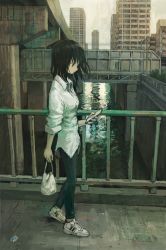 Rule 34 | 1girl, bag, black eyes, black hair, bridge, building, cellphone, cityscape, day, denim, dress shirt, from side, highres, holding, holding bag, holding phone, jeans, long hair, original, outdoors, pants, phone, profile, railing, shirt, shoes, sleeves rolled up, smartphone, sneakers, solo, tokunaga akimasa, walking, water, white shirt, wing collar