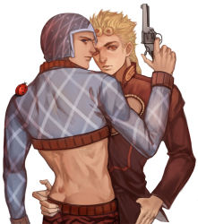 Rule 34 | 2boys, blonde hair, bug, danial, finger on trigger, giorno giovanna, guido mista, gun, hat, holding, holding gun, holding weapon, insect, jojo no kimyou na bouken, ladybug, male focus, midriff, multiple boys, red eyes, vento aureo, weapon
