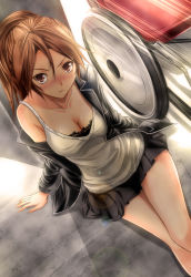 Rule 34 | 10s, 1girl, arm support, blush, breasts, brown eyes, brown hair, cleavage, guilty crown, lens flare, long hair, looking at viewer, mura chidori, off shoulder, ponytail, shinomiya ayase, sitting, skirt, solo, wheelchair