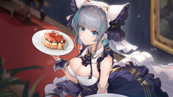 Rule 34 | 1girl, :3, absurdres, animal ears, apron, arm garter, azur lane, blue eyes, breasts, cake, cheshire (azur lane), cleavage, dearduam, detached sleeves, fake animal ears, food, frilled hairband, frilled ribbon, frills, grey hair, hairband, highres, holding, holding plate, large breasts, long ribbon, maid, maid headdress, multicolored hair, plate, puffy detached sleeves, puffy sleeves, purple apron, ribbon, short hair, streaked hair, upper body, wrist cuffs