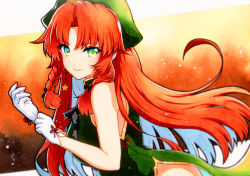 Rule 34 | 1girl, bad id, bad twitter id, bare shoulders, bow, braid, gloves, green eyes, hat, highres, hong meiling, light smile, long hair, looking at viewer, parted bangs, parted lips, qqqrinkappp, red hair, sleeveless, solo, star (symbol), teeth, touhou, twin braids, very long hair, white gloves
