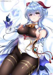 Rule 34 | 1girl, ahoge, bare shoulders, bell, black gloves, blue hair, blush, bodystocking, breasts, brown pantyhose, cyicheng, detached sleeves, dress, elbow gloves, ganyu (genshin impact), genshin impact, gloves, horns, jewelry, large breasts, long hair, looking at viewer, orb, pantyhose, parted lips, pendant, purple eyes, solo, thighs, vision (genshin impact), white dress