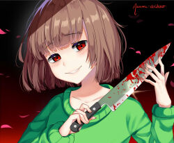 1other aizuumi artist_name black_background blood bloody_knife blush bob_cut brown_hair chara_(undertale) collarbone commentary english_commentary fingernails gradient_background green_sweater grin hands_up holding holding_knife kitchen_knife knife long_sleeves looking_at_viewer other_focus pink_petals puffy_long_sleeves puffy_sleeves red_background red_eyes reflection short_hair simple_background smile solo sparkle sweater undertale upper_body