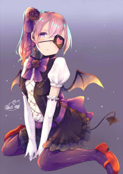 Rule 34 | 1girl, :&lt;, belt, between legs, black skirt, blush, chita (ketchup), closed mouth, demon tail, demon wings, elbow gloves, eyepatch, flower, full body, gloves, gradient background, grey background, hair flower, hair ornament, hair ribbon, hand between legs, head tilt, heart, heart print, mary janes, original, pantyhose, pink eyes, puffy short sleeves, puffy sleeves, purple eyes, purple ribbon, red flower, red footwear, red rose, ribbon, ribbon-trimmed gloves, ribbon trim, rose, shirt, shoes, short sleeves, side ponytail, sitting, skirt, striped clothes, striped legwear, striped pantyhose, tail, twitter username, vertical-striped clothes, vertical-striped pantyhose, white gloves, white shirt, wings