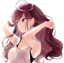 Rule 34 | 1girl, ahoge, blue eyes, breasts, brown hair, cleavage, collarbone, earrings, hands in hair, hands up, highres, ichinose shiki, idolmaster, idolmaster cinderella girls, jewelry, long hair, medium breasts, parted lips, simple background, smile, solo, sparkle, tank top, wavy hair, wenquangua, white background