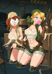 Rule 34 | 2girls, abs, alternate breast size, bandaid, bandaids on nipples, bandana, barleyshake, blonde hair, breasts, brown hair, chewing gum, cleavage, explosive, fio germi, glasses, grenade, gun, hat, highres, kasamoto eri, large breasts, metal slug, military, military hat, multiple girls, navel, partially submerged, pasties, see-through, see-through shirt, shirt, shorts, standing, tank top, thighs, vest, water, weapon, wet, wet clothes, white tank top, wristband