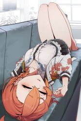 Rule 34 | 1girl, absurdres, ahoge, barefoot, blue archive, blush, braid, buttons, center frills, chirpy, closed eyes, frills, full body, highres, huge ahoge, jacket, long sleeves, neru (blue archive), open mouth, red hair, short hair, single braid, sleeping, solo, sukajan, thighs