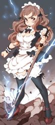 Rule 34 | 10s, 1girl, apron, black thighhighs, blunt bangs, bow, bowtie, breasts, brown hair, cleavage, clenched hand, commentary, detached collar, dress, dust, eyebrows, frilled dress, frilled thighhighs, frills, frown, hair ribbon, holding, holding sword, holding weapon, idolmaster, idolmaster cinderella girls, kamiya nao, lightning, long hair, looking at viewer, maid, maid apron, maid headdress, puffy sleeves, red eyes, ribbon, serious, shoes, solo, sword, thighhighs, wavy hair, weapon, wrist cuffs, yd (orange maru)