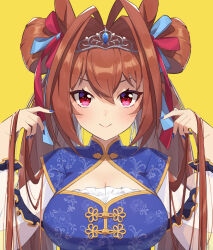 Rule 34 | 1girl, alternate hairstyle, animal ears, blue nails, breasts, brown hair, chinese clothes, cleavage, cleavage cutout, clothing cutout, daiwa scarlet (umamusume), double bun, floral print, hair between eyes, hair bun, highres, horse ears, horse girl, large breasts, long hair, long sleeves, looking at viewer, applying manicure, nail polish, nonono (1399900), red eyes, smile, solo, tiara, twintails, umamusume, upper body, yellow background