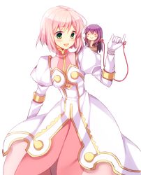 Rule 34 | 00s, 1girl, :&gt;, :d, ayamisiro, character doll, coat, cowboy shot, dress, estellise sidos heurassein, gloves, green eyes, long hair, open mouth, pink dress, pink hair, purple hair, short hair, smile, string, string of fate, tales of (series), tales of vesperia, white background, white gloves, yuri lowell