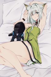 Rule 34 | 1girl, animal ear fluff, animal ears, arknights, armpits, arms up, bare arms, bare legs, bare shoulders, bed, black choker, breasts, character doll, choker, commentary, criss-cross halter, doctor (arknights), dress, english commentary, feet out of frame, green dress, grey eyes, hair between eyes, hair intakes, halterneck, highres, kal&#039;tsit (arknights), looking at viewer, lying, material growth, on back, one eye closed, oripathy lesion (arknights), pillow, pokarii zuu, short dress, short hair, silver hair, small breasts, solo, tail, thighs, wristband
