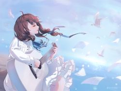 Rule 34 | 1girl, animal, artist name, bird, blue ribbon, blue sky, brown hair, cloud, commentary, commission, day, dress, english commentary, floating hair, flying paper, guitar, hair ribbon, holding, holding instrument, instrument, long hair, long sleeves, marmaladica, music, ocean, open mouth, orange eyes, original, paper, playing instrument, profile, ribbon, sitting, sky, solo, white dress, wind