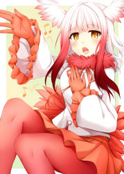 Rule 34 | 10s, 1girl, beamed quavers, bird tail, blunt bangs, blush, gloves, head wings, japanese crested ibis (kemono friends), kemono friends, long sleeves, looking at viewer, medium hair, miniskirt, multicolored hair, music, musical note, open mouth, pantyhose, pleated skirt, quaver, red gloves, red pantyhose, red skirt, rui shi (rayze ray), shirt, silver hair, simple background, singing, skirt, solo, tail, two-tone hair, white shirt, wings, yellow eyes