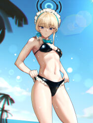 Rule 34 | 1girl, absurdres, alternate costume, bikini, black bikini, blonde hair, blue archive, blue bow, blue bowtie, blue eyes, blue sky, bow, bowtie, breasts, cloud, day, detached collar, halo, highres, lens flare, maid headdress, navel, outdoors, parted lips, pulling own clothes, sky, small breasts, solo, strap pull, swimsuit, thighs, toki (blue archive), water, wet, wujack2211