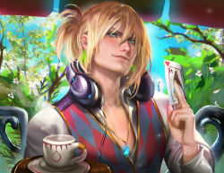 Rule 34 | 00s, 1boy, blonde hair, blue eyes, card, checkered clothes, checkered vest, cup, earrings, flower, headphones, headphones around neck, highres, holding, holding card, howl (howl no ugoku shiro), howl no ugoku shiro, jewelry, male focus, pendant, sakimichan, solo, steam, studio ghibli, teacup, upper body, vest