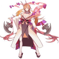 Rule 34 | 1girl, ark order, bare shoulders, breasts, brown footwear, claws, closed mouth, detached sleeves, fire, full body, hair intakes, horns, ibaraki douji (ark order), japanese clothes, kimono, large breasts, long hair, long sleeves, looking at viewer, official art, okobo, orange hair, orange sash, ponytail, purple fire, red cucumber, red eyes, rock, sandals, sarashi, sash, sidelocks, smile, solo, sparkle, tabi, tachi-e, tassel, thighhighs, transparent background, very long hair, white kimono, white thighhighs, wide sleeves