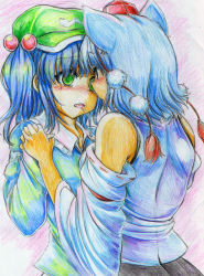 Rule 34 | 2girls, animal ears, bad id, bad pixiv id, bare shoulders, blue hair, blush, colored pencil (medium), detached sleeves, eye contact, face-to-face, female focus, from behind, green eyes, hair bobbles, hair ornament, holding hands, hat, highres, interlocked fingers, inubashiri momiji, kawashiro nitori, kitazinger, looking at another, multiple girls, red eyes, saliva, saliva trail, short hair, silver hair, tears, tokin hat, tongue, touhou, traditional media, twintails, two side up, upper body, wolf ears, yuri