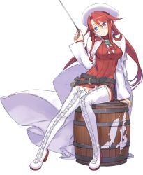 Rule 34 | 1girl, aty, aty (summon night), barrel, belt, blue eyes, boots, full body, glasses, hat, holding, kuroboshi kouhaku, long hair, looking at viewer, official art, red hair, sitting, smile, solo, summon night, summon night 3, thigh boots, thighhighs, transparent background, white footwear, white thighhighs