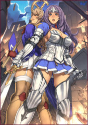 Rule 34 | 10s, 2girls, annelotte, annelotte (queen's blade), armlet, armor, armored dress, back-to-back, blue eyes, breasts, brown hair, cleavage, cross, elbow gloves, fire, garter belt, garter straps, gloves, jewelry, knight princess annelotte, large breasts, legs, long hair, miniskirt, multiple girls, navel, nun, oda non, purple hair, queen&#039;s blade, queen&#039;s blade rebellion, shield, sideboob, sigui (queen&#039;s blade), skirt, sword, thighhighs, thighs, tiara, weapon