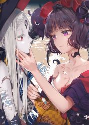 Rule 34 | 2girls, abigail williams (fate), abigail williams (third ascension) (fate), animal, bare shoulders, black hat, black kimono, bodypaint, bow, breasts, calligraphy brush, cleavage, closed mouth, collarbone, colored skin, dangmill, eye contact, fate/grand order, fate (series), fine art parody, hair ornament, hairpin, hand on another&#039;s face, hand up, hat, holding, holding paintbrush, japanese clothes, katsushika hokusai (fate), keyhole, kimono, long hair, looking at another, medium breasts, multiple girls, nihonga, obi, octopus, off shoulder, orange bow, paintbrush, pale skin, parody, parted bangs, polka dot, polka dot bow, print kimono, profile, purple eyes, purple hair, purple kimono, red eyes, sash, suction cups, tattoo, tentacles, third eye, ukiyo-e, upper body, very long hair, waves, white hair, white skin, witch hat