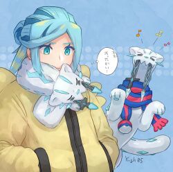 1boy aqua_eyes artist_name blue_background blue_hair blue_scarf borrowed_accessory chien-pao closed_mouth commentary_request creatures_(company) eyelashes game_freak grusha_(pokemon) hair_bun hands_in_pockets highres jacket looking_down male_focus musical_note nintendo pokemon pokemon_sv scarf signature striped_clothes striped_scarf thought_bubble translation_request yellow_jacket yuu_(hguy_sv)