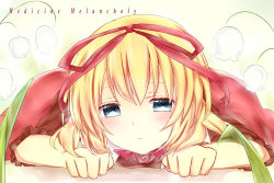 Rule 34 | 1girl, blonde hair, blue eyes, character name, flower, gradient background, hair between eyes, hair ribbon, jitome, lily of the valley, looking at viewer, lying, medicine melancholy, misa (kaeruhitode), on stomach, ribbon, short hair, solo, touhou