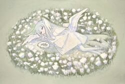 Rule 34 | 1girl, aqua background, circle, clothing request, commentary, cute my rabbit, english commentary, flower, full body, green background, green hair, grey hair, head wings, highres, long hair, long sleeves, lying, neck ruff, on flower, on grass, on side, original, pantyhose, sidelocks, silk, solo, sparkle, white flower, white pantyhose, wide shot, wide sleeves, wings