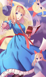 Rule 34 | 1girl, adapted costume, alice margatroid, bad id, bad pixiv id, black pantyhose, blonde hair, blue dress, blue eyes, book, doll, dress, frills, full moon, gloves, green eyes, hair ribbon, hairband, highres, icarus (artist), long hair, looking at viewer, moon, multicolored eyes, necktie, open book, open mouth, outstretched arm, pantyhose, puffy sleeves, puppet strings, ribbon, sash, shanghai doll, short hair, solo, string, touhou, weapon, white gloves