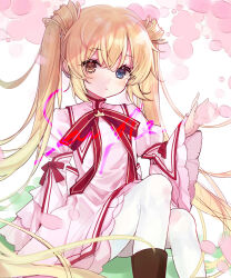 1girl absurdres blonde_hair blue_eyes boots brown_eyes brown_footwear chinese_commentary closed_mouth collared_dress commentary_request dot_nose dress feet_out_of_frame frilled_dress frills hand_up heterochromia highres juliet_sleeves kazamatsuri_institute_high_school_uniform key_(company) knees_together_feet_apart long_hair long_sleeves looking_at_viewer loose_hair_strand nakatsu_shizuru pantyhose pink_dress puffy_sleeves red_ribbon rewrite ribbon sample_watermark school_uniform sidelocks sitting smoke solo twintails very_long_hair watermark white_background white_pantyhose wide_sleeves yuko_(e1033528183)