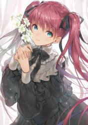 Rule 34 | 1girl, black bow, black capelet, black dress, black ribbon, blue eyes, bow, capelet, closed mouth, collared dress, commentary request, dress, eyebrows hidden by hair, flower, frilled capelet, frills, gloves, hagure keg, hair ribbon, hands up, highres, holding, holding flower, long hair, long sleeves, original, puffy long sleeves, puffy sleeves, red hair, ribbon, smile, solo, twintails, very long hair, white gloves