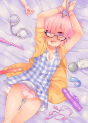 Rule 34 | 1girl, :d, anal beads, arms up, black-framed eyewear, blush, bow, bow panties, breasts, collarbone, cowboy shot, cuffs, dildo, dress, dutch angle, egg vibrator, eyes visible through hair, fate/grand order, fate (series), female focus, glasses, gluteal fold, handcuffs, heart, heart-shaped pupils, highres, hitachi magic wand, jacket, kaede haya (lo0831lo), looking at viewer, lying, mash kyrielight, on back, open clothes, open jacket, open mouth, panties, pee stain, peeing, peeing self, pink panties, purple eyes, remote control vibrator, sex toy, sleeveless, sleeveless dress, small breasts, smile, solo, stained panties, symbol-shaped pupils, too many, too many sex toys, underwear, vibrator