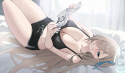 Rule 34 | 1girl, absurdres, alternate costume, asuna (blue archive), bare shoulders, black shorts, blue archive, blue eyes, blue halo, blue nails, blue ribbon, blush, breasts, commentary, doodle sensei (blue archive), eyes visible through hair, fujioni, grey hair, hair ornament, hair over one eye, hair ribbon, halo, highres, holding, large breasts, long hair, looking at viewer, lying, mole, mole on breast, nail polish, on back, ribbon, sensei (blue archive), short shorts, shorts, smile, solo, thighs