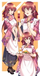Rule 34 | 1girl, alternate costume, apron, blush, border, breasts, brown footwear, closed eyes, commentary request, drinking straw, feet out of frame, floral print, frilled apron, frills, full body, gold trim, hair ribbon, heterochromia, highres, hololive, houshou marine, japanese clothes, large breasts, long hair, looking at viewer, multiple views, open mouth, pleated skirt, red eyes, red hair, red ribbon, ribbon, shirokuma a, sidelocks, skirt, smile, tray, upper body, virtual youtuber, waitress, white border, yellow eyes