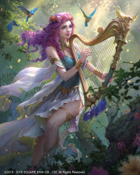 Rule 34 | 1girl, bird, blue eyes, company name, dated, dress, english text, final fantasy, flower, francis tneh, harp, head wreath, highres, instrument, long hair, mobius final fantasy, pink flower, pink rose, purple hair, red flower, red rose, rose, tree, watermark
