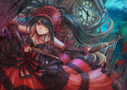 Rule 34 | 10s, 1girl, bare shoulders, black hair, breasts, building, choker, cleavage, clock, clock eyes, clock tower, collarbone, date a live, detached sleeves, dress, dual wielding, dutch angle, gun, hairband, heterochromia, holding, infukun, lolita fashion, lolita hairband, long hair, looking at viewer, red eyes, rifle, smile, solo, symbol-shaped pupils, tokisaki kurumi, tower, twintails, weapon, yellow eyes