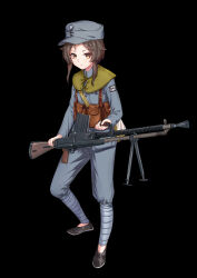 Rule 34 | 1girl, absurdres, bag, black background, black footwear, brown hair, chinese commentary, closed mouth, full body, green bag, grey headwear, grey jacket, grey pants, gun, highres, holding, holding gun, holding weapon, jacket, kuomintang, long sleeves, looking at viewer, military uniform, original, pants, field cap, pouch, puttee, short hair with long locks, shoulder bag, simple background, solo, tuziki sang, uniform, weapon, weapon request, yellow eyes