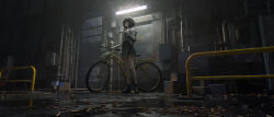 Rule 34 | 1girl, absurdres, ankle boots, bicycle, bicycle basket, black footwear, black hair, blue skirt, boots, chlorobenl, commentary, door, english commentary, highres, indoors, industrial pipe, long sleeves, medium hair, original, pleated skirt, puddle, red eyes, reflection, scenery, school uniform, shell casing, shirt, skirt, socks, solo, standing, white shirt, white socks