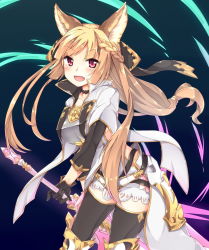 Rule 34 | 10s, 1girl, animal ears, black gloves, black thighhighs, blonde hair, blush, braid, choker, erune, fang, gloves, granblue fantasy, long hair, looking at viewer, open mouth, oruto (ort+), red eyes, solo, sword, thighhighs, weapon, yuisis (granblue fantasy)