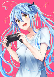 Rule 34 | 1girl, :d, ahoge, black bow, blouse, blue hair, blue nails, bow, breasts, controller, game controller, hair between eyes, hair bow, heart, heart ahoge, highres, holding, hololive, irohara, long hair, looking away, medium breasts, nail polish, open mouth, pink background, pointy ears, shirt, short sleeves, simple background, smile, solo, twintails, upper body, very long hair, virtual youtuber, white shirt, yellow eyes, yukihana lamy